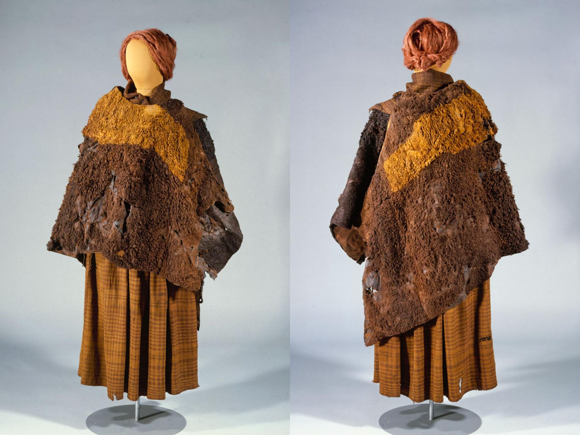 The clothing of the bog-corpse Huldremose woman from the 2nd century BC consisting of 2 fur cloaks, a shawl and a skirt.